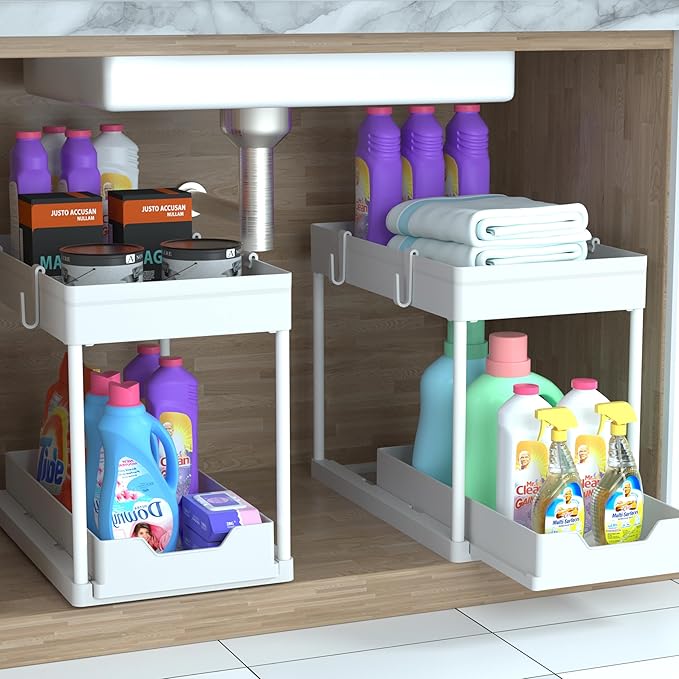 Cabinet, 2 Pack Under Sink Organizer, 2 Tier Sliding Bathroom Kitchen Organizer, Large White ABS Baskets, Easy Install & Clean