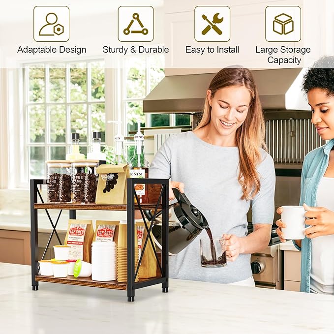 Snughome Kitchen Countertop Organizer,2 Tier Spice Rack Organizer for Countertop,Wood Kitchen Counter Shelf Organizer with Hooks (Rustic Brown,Small)