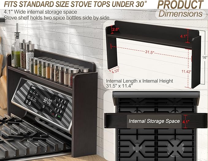 MyLifeUNIT Over The Stove Shelf, 31.5" Wood Stove Top Shelf for Back of Gas Stove, Electric Stove or Curved Stove Spice Rack Shelf for Countertop, Black