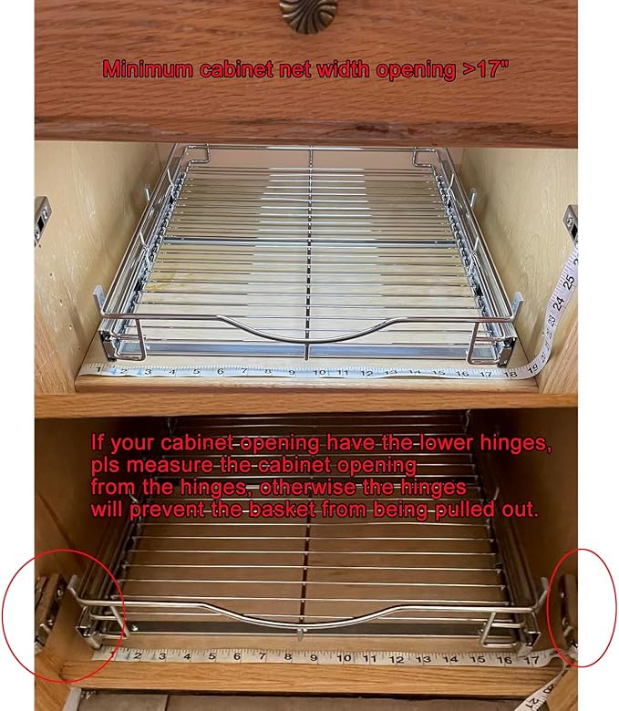 DINDON 1 Tier Pull Out Cabinet Organizer (17" W x 18" D) Heavy-Duty Metal Sliding Drawer Shelf, Slide Out Wire Basket for Kitchen Cabinets, Pantry, Bathroom, Chrome Finish…