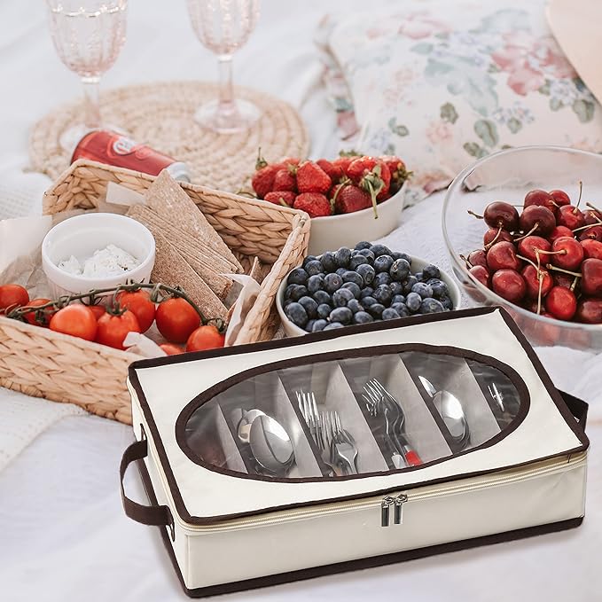 Hiceeden Silverware Organizer with Zipper Lid, 16.5"×10.6"×3.5" Flatware Storage Box with Adjustable Dividers and Handles, Portable Cutlery Holder Utensil Case for Spoon, Fork, Knife, 6 Compartment