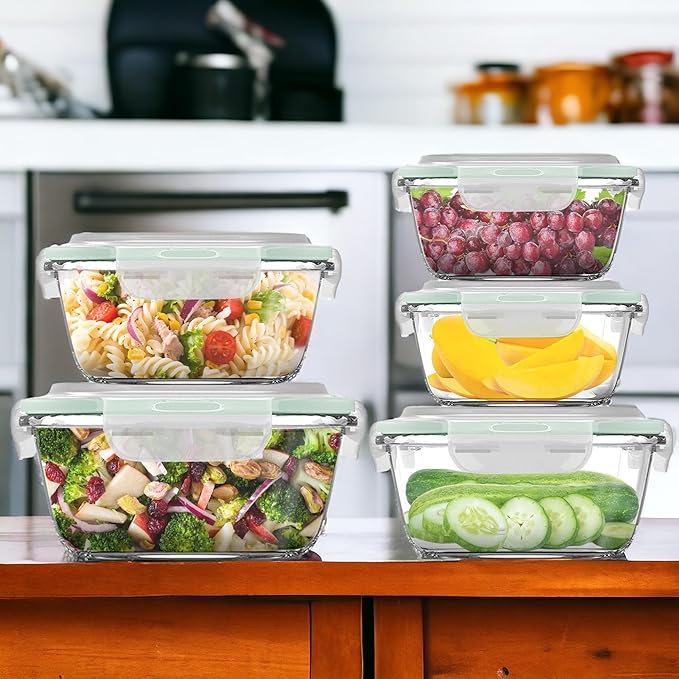 Razab 10 Pcs Glass Food Storage Containers with Lids – 40, 27, 17 Oz | Airtight Glass Storage Containers, BPA-Free meal prep containers reusable glass - Leakproof Kitchen Containers for Organizing
