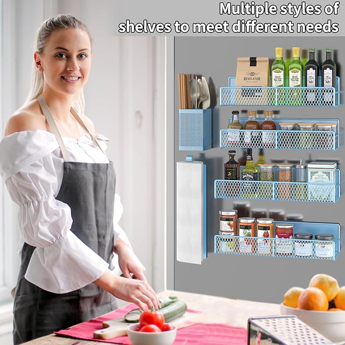 Magnetic Spice Rack for Refrigerator, 6 Pack Metal Magnetic Shelf Blue, Moveable Spice Organizer, Strong Magnetic Storage Fridge Organizer with Paper Towel Holder, Utensils Holder