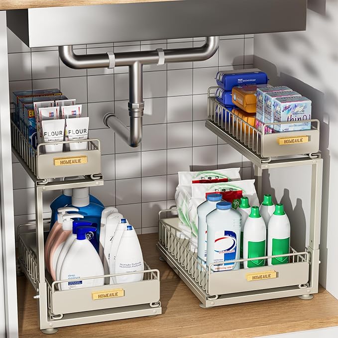 Under Sink Organizer, High Adjustable 2 Tier Under Kitchen Sink Organizer, Multi-Purpose Storage Shelf for Kitchen Bathroom Cabinet, Gray