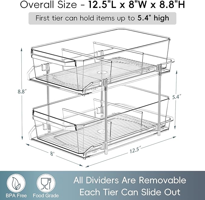 2 Set, 2 Tier Clear Organizer with Dividers for Cabinet, Shlef, Counter - MultiUse Slide-Out Storage Container - Kitchen, Pantry, Medicine Cupboard Bins, Bathroom, Vanity Makeup, Under Sink Organizing