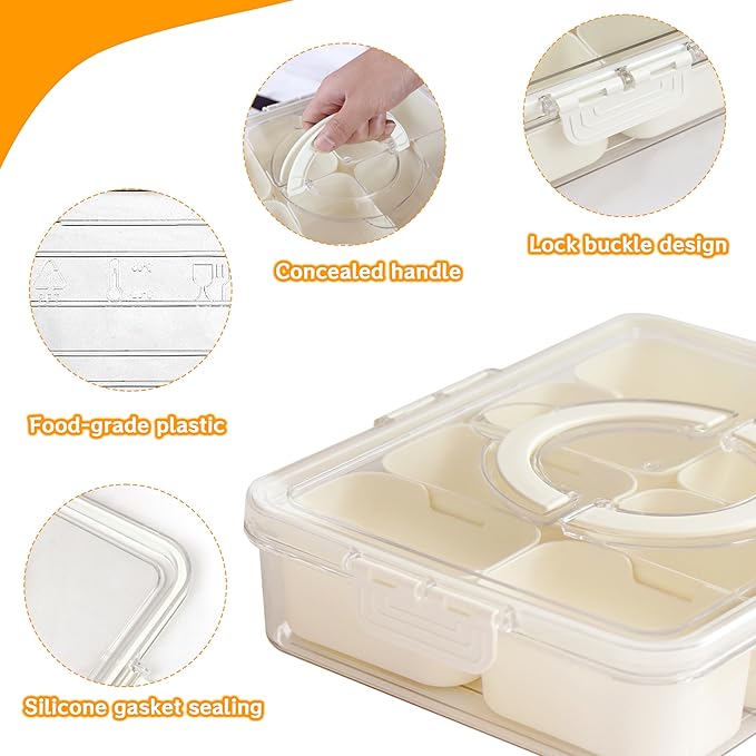 Snackle Box Container: Divided Serving Tray with Lid and Handle, Includes 8 Compartments for Dry Fruit Snack Box, Portable Fruit Tray Great for Kitchen, Party, Picnic, Travel