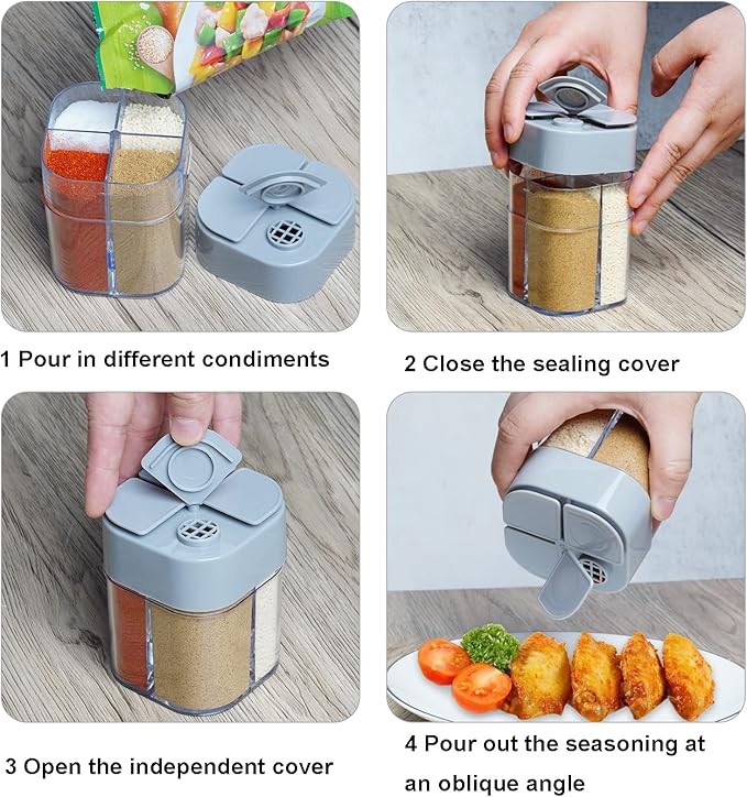 2 Pack 4 in 1 Spice Container Salt and Pepper Shaker Transparent Seasoning Shaker Can Filter Lumps Spice Jars for Home Restaurant Camping Travel Cooking BBQ (Grey)