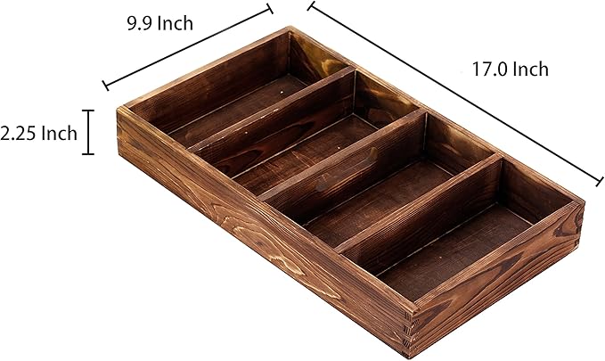 MyGift Burnt Wood Drawer Organizer Tray with 4 Slots, Multipurpose Utensil, Cutlery, Tools Wooden Bin