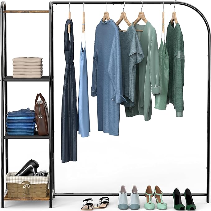 Simple Houseware Heavy Duty Clothing Garment Rack with 4 Shelves, Portable Closet Organizer for Hanging Clothes, Black