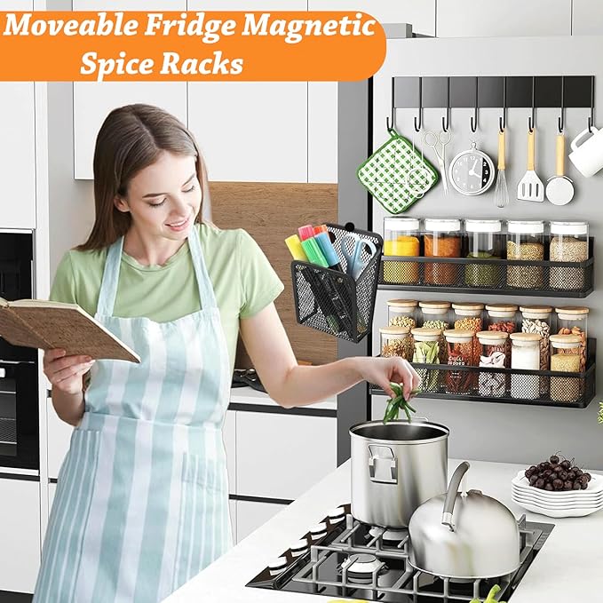 Magnetic Spice Rack for Refrigerator Organizers, 3 Tier Magnetic Shelf with Towel Rack, Square Storage Basket & Two Sticky Hooks, Kitchen Organizers