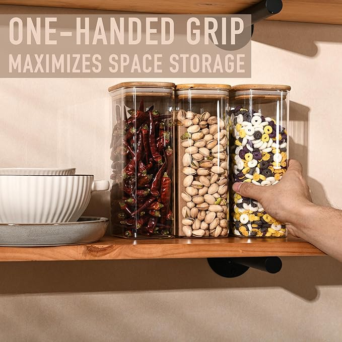 56oz Rectangle Airtight Glass Storage Containers with Bamboo Lids (Set of 4), Square Food Storage Jar, Pantry Organizers for Oats, Cereal, Pasta and Coffee beans (with Black Lable)