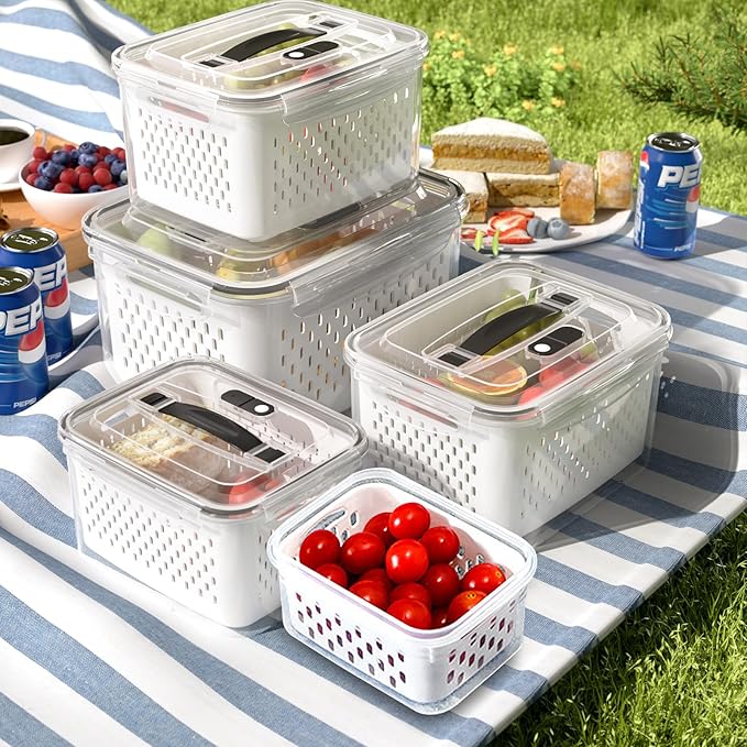 5 Pack Large Fruit Storage Containers for Fridge with vent holes and handle,Airtight Food Storage Containers Keep Fruits, Vegetables, Berry, Meat Fresh longer,BPA-free Fridge Storage Container