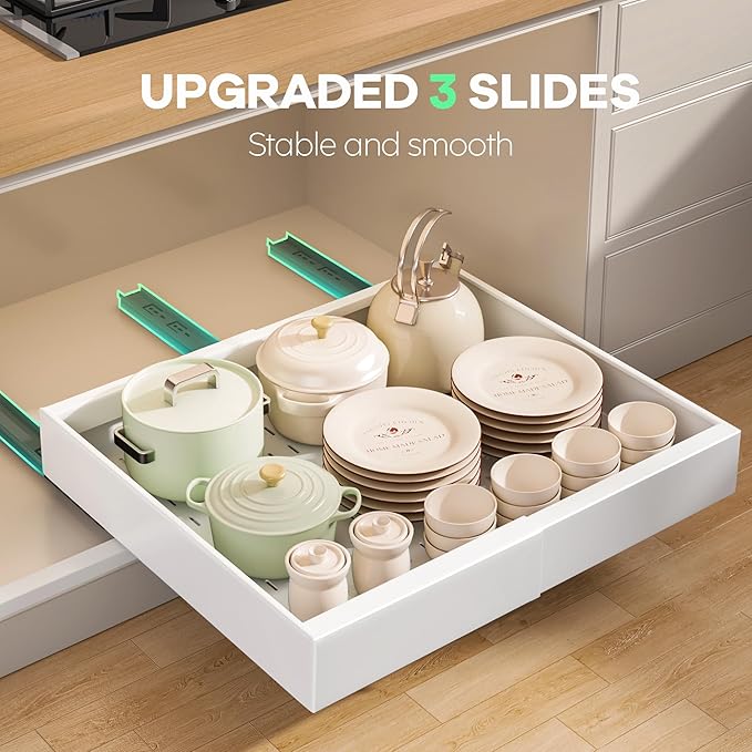 6 Pack Pull out Cabinet Organizer 21"Deep with Raising Pad for Framed Cabinets, Expandable Slide out Drawers for Kitchen Cabinets with 6pcs Divider Racks, Roll out Shelves 12.1"-20.4" W White