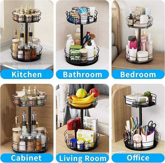 Lazy Susan Organizer, 2 Tier Lazy Susan Turntable for Cabinet, Spice Rack for Cabinet, Metal 360° Rotating Organizer for Kitchen, Cabinet, Countertop, Bathroom, Pantry, Black