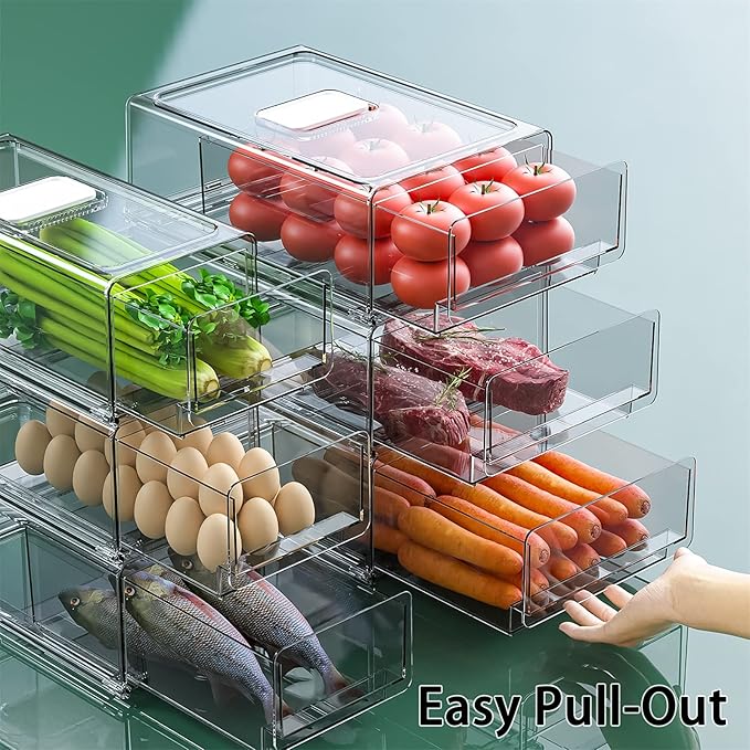YekouMax Pantry Organization and Storage Bins, Refrigerator Organizer, Plastic Stackable Storage Bins with Drawers, Pull-Out Cabinet Containers for Fridge Kitchen Office (2 PACK, 11.81"x5.31"x 4.52")