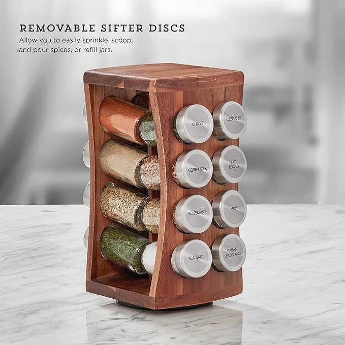 Kamenstein 16 Jar Hourglass Revolving Countertop Spice Rack with Spices Included, FREE Spice Refills for 5 years, Acacia with Stainless Steel Caps,Brown