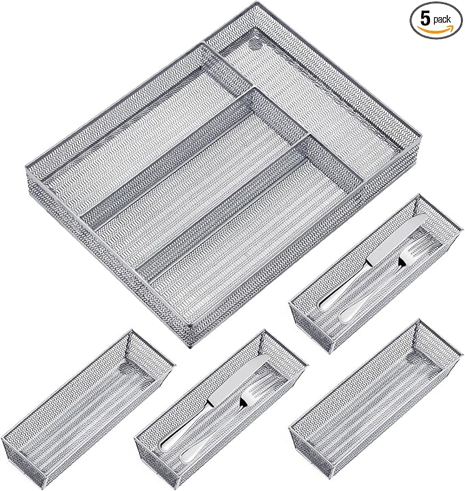 Drawer Organizer Set 5 Pack - 4-Compartment Silverware Organizer Tray + 4 Utensil Trays, Kitchen Drawer Organizer for Flatware, Cutlery, Office Supplies, Silver Mesh, Non-Slip