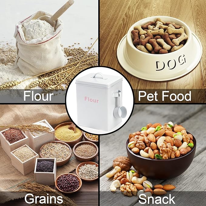 Youeon 200 Oz/25 Cup Metal Flour Storage Container with Airtight Lid and Measuring Scoop, Square Flour Canister with Handle, White Storage Canister for Kitchen Counter, Farmhouse Decor