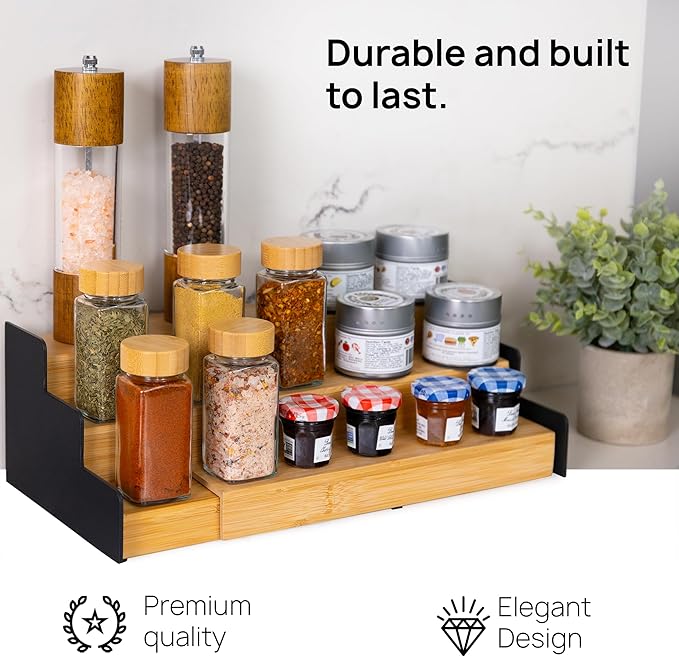 Ibyx Premium 3-Tier Spice Rack Organizer for Cabinet - Expandable Bamboo Spice Storage - Non-Skid Countertop Step Spice Shelf - Great for Kitchen Cabinet, Countertop, Cupboard, Pantry (Natural)