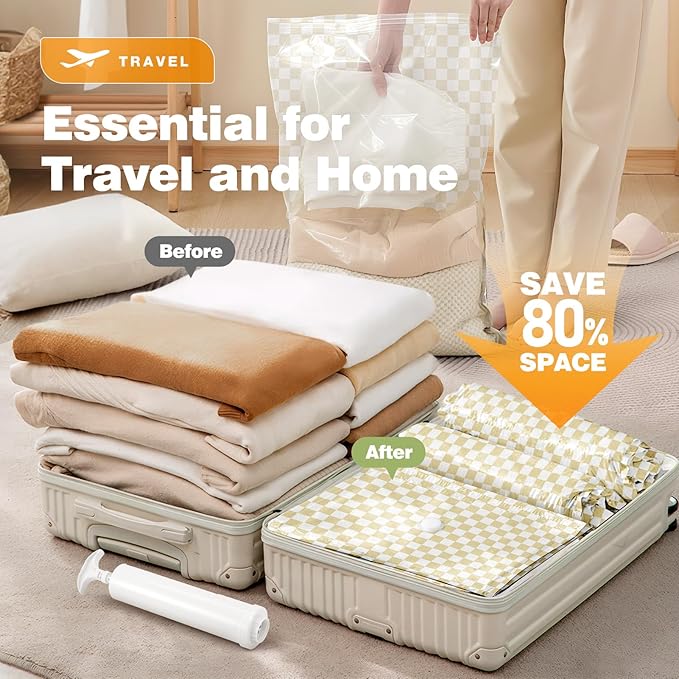 14 Pack Vacuum Storage Bags,Vacuum Seal Bags for Clothing with Hand Pump, 2 Jumbo+4 Large+3 Medium+5 Small, 80% Space Saver Bags for Luggage,Comforters,Blankets, Home Travel Essentials(Khaki Check)