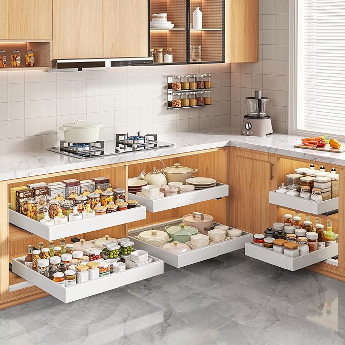2 Pack Pull Out Cabinet Organizers 16.5" Deep With Raising Pad for Framed Cabinets,Expandable Slide Out Drawers Upgrade 3 Slide Rails,Roll Out Shelves,Adjustable Width 12.1"-20.45" White