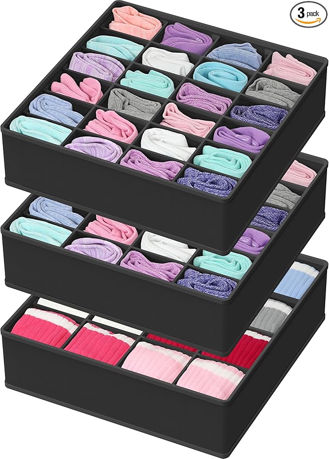 Simple Houseware Sock Drawer Organizer for Dresser/Closet/Bedroom, 3 Pack, Black