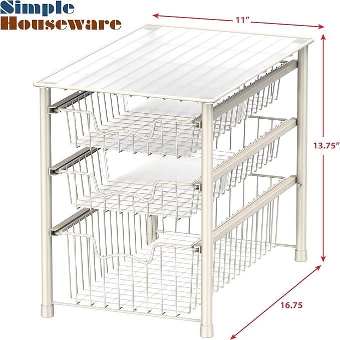 Simple Houseware 3-Tier Stackable Sliding Basket Storage Organizer Drawer for Bathroom and Kitchen, White