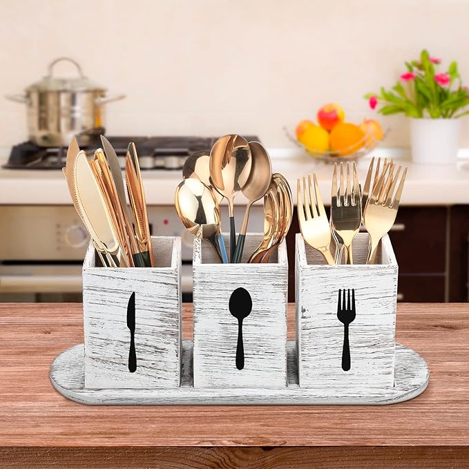 Kathfly 4 Pcs Silverware Caddy Utensil Holder for Countertop Silverware Organizer with Wood Tray Spoon Fork Holder 3. 15 x 3. 15 x 4. 53 Inches of Each Organizer for Kitchen Parties(Retro White)