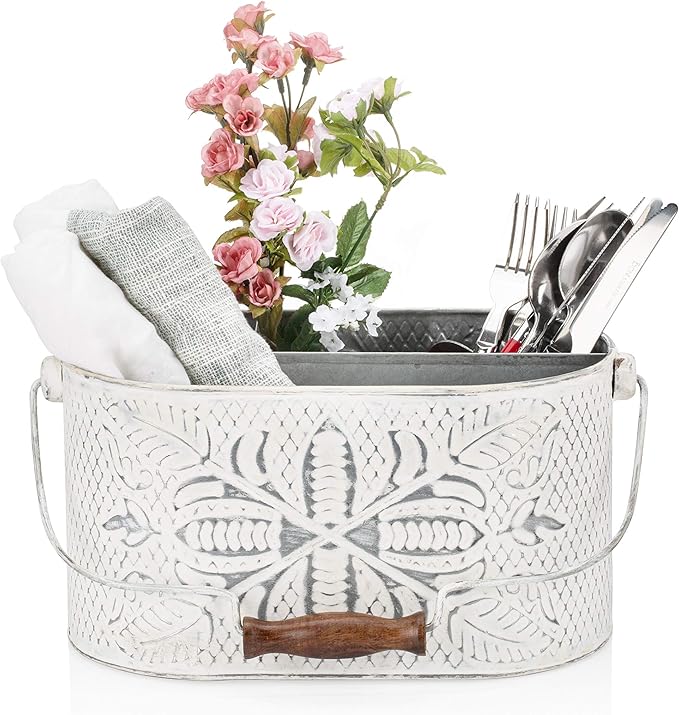CRAFTSMAN ROAD Distressed White Metal Caddy – Farmhouse Galvanized Kitchen Organizer with Handle – Vintage Rustic Multi-Compartment Holder for Napkins, Plates, Cutlery, Flatware, Cleaning Supplies