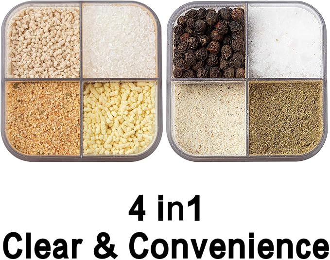 2 Pack 4 in 1 Plastic Salt and Pepper Shaker- 8 Grids Travel Spice Container, Multi Spice Dispenser Camping Seasoning Jars with Adjustable Holes