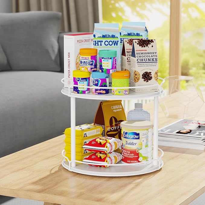 12.4" Lazy Susan Organizer 2 Tier - Rotating Spice Rack, Wooden Spinning Spice Holder for Inside Cabinet, Pantry, Kitchen, Countertop, Bathroom and Vanity, Versatile Storage (White)