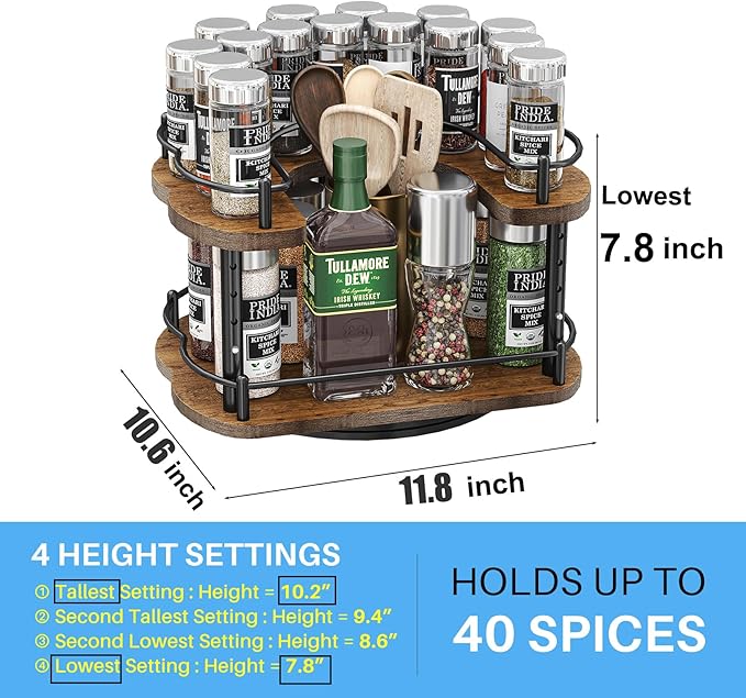 Lazy Susan Organizer Spice Rack - Height Adjustable Rotating Lazy Turntable Spice Organization for Cabinet, Pantry Kitchen Wood Revolving Seasoning Organizer, 12 inches, Black
