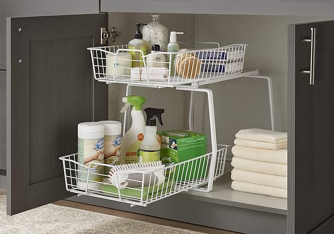 ClosetMaid 14 in. Pull Out Cabinet Organizer, 2 Tier, Heavy Duty, Slide Out Pantry Shelves Drawers for Kitchen, Bathroom, White