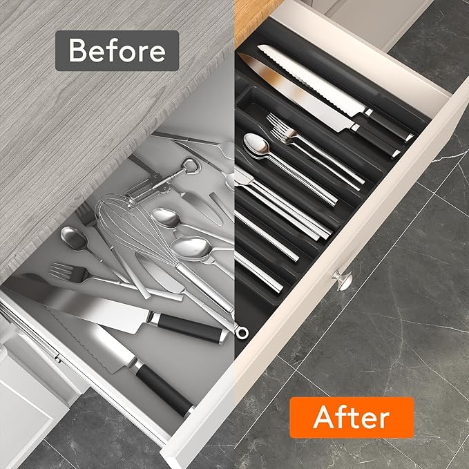 Lifewit Deep Silverware Drawer Organizer for Kitchen, Expandable Utensil Tray, Adjustable Flatware Cutlery Holder, Large Plastic Kitchen Storage for Spoons Forks Knives, 22.4 x 16.7 x 2 inches, Black