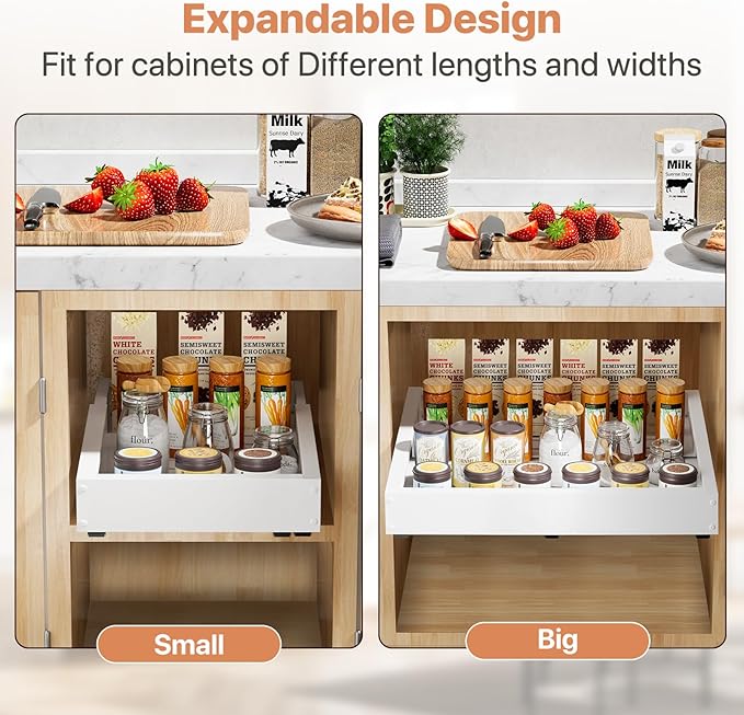 1 Pack Pull out Cabinet Organizer, Width (11"-19") Depth (16"-22"), with 3 Rails Adjustable Slide, Expandable Pullout Drawers for Cabinets, No Drill Adhesive Kitchen Drawers for Shelves
