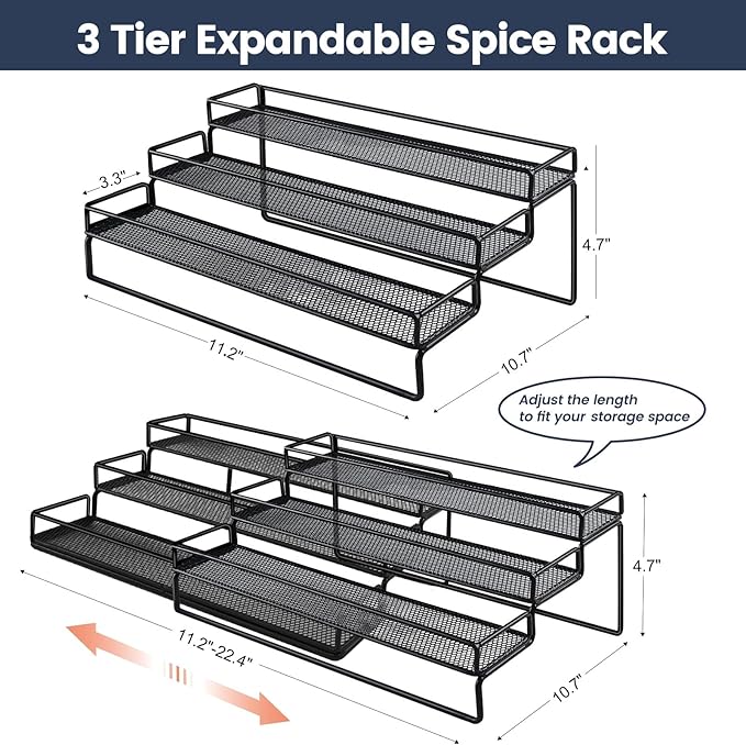 Spice Rack Organizer for Cabinet, 3 Tier Widen Seasoning Organizer, Expandable Shelf,Step Storage Holder, Kitchen Cabinet Countertop,with Protection Railing, Metal (Black,3 Tier)