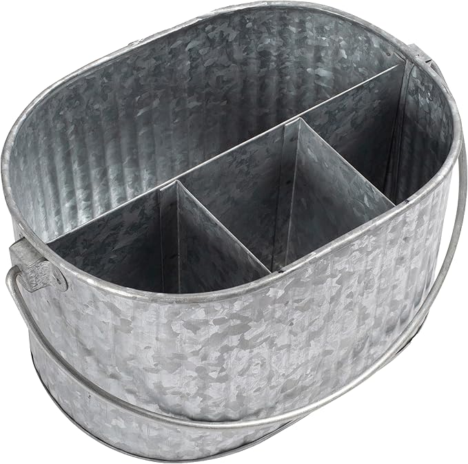 CLEENTABLE Metal Utensil Caddy - Silverware Caddy for Countertop & Parties, Farmhouse Paper Plate & Flatware Holder, Galvanized Kitchen Basket for Picnic & Dining (Grey, 10 Inches)