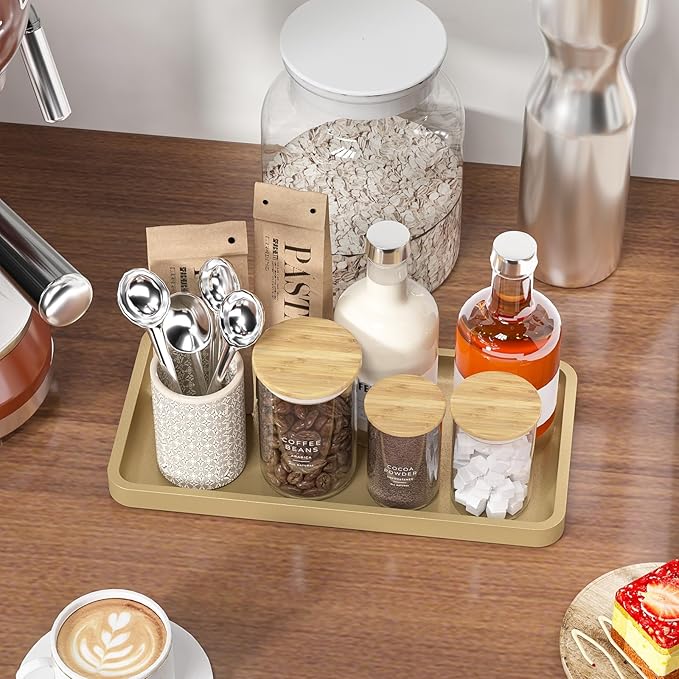 Weenson Gold Bathroom Vanity Tray for Countertop Perfume Makeup Jewelry Decor Candle, Bamboo Kitchen Tray for Soap Dispenser Spice Coffee, Toilet Tank Tray 11.81”L x 6.1”W x 0.79”H