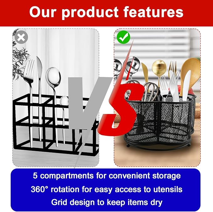 360° Rotating Silverware Utensil Caddy Holder - 5 Compartment Whirling Utensil Holder Kitchen Countertop Organizer for Spoon Fork Flatware Storage for Home or Outdoor Picnic Camping