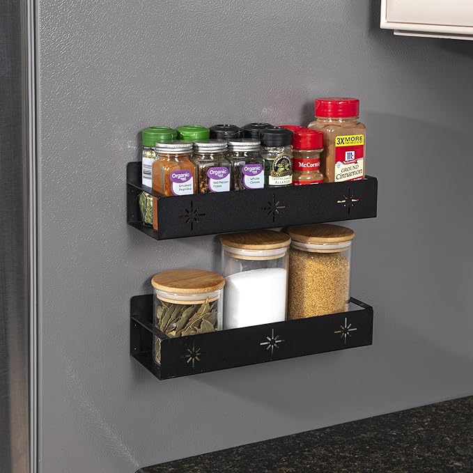 LRAE 2 Pack Magnetic Spice Rack for Refrigerator, Metal Fridge Shelf Kitchen Organization, Spice Magnetic Rack, Strong Magnet Seasoning Rack for Kitchen and Classroom Organizer, Black