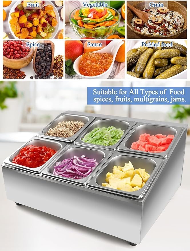 Lanstics 6 Pans Spice Rack Shelf 2 Row Stainless Steel Spice Organizer Stand with Lids Spoons Countertop Inclined Holder Buffet Containers Set for Sauce Jam Fruits Ingredient Kitchen Restaurant Pantry