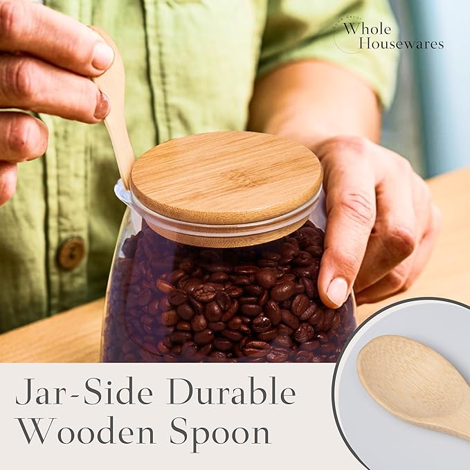 WHOLE HOUSEWARES Glass Jar with Bamboo Lid and Spoon Set of 3-11.83oz, 20.28oz, 33.81oz Capacity - Airtight Food Storage Jars, Apothecary Jars, Cookie Jar - Ideal for Elegant Kitchen Organization