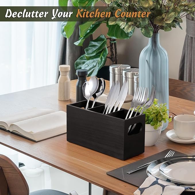 DRASTAR Silverware Holder, Wooden Utensil Caddy, Silverware Organizer Countertop, Cutlery Holder for Party, Fork Spoon Knife Organizer,Black