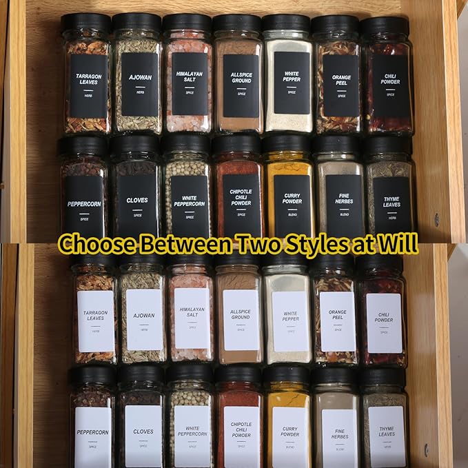 Spice Jars with Labels,4oz Black Seasoning Containers Jars Bottles with Shaker Lids for Rack, Cabinet, Drawer,Empty Square Condiment Pots (48)