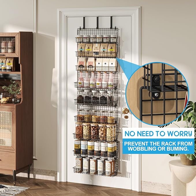 JKsmart 9-Tier Spice Rack Organizer with Door Hook, Wall Mount, and Extra Large Capacity for Pantry Door – Stylish Black Design for Effortless Organization, Ultimate Kitchen Storage Solution