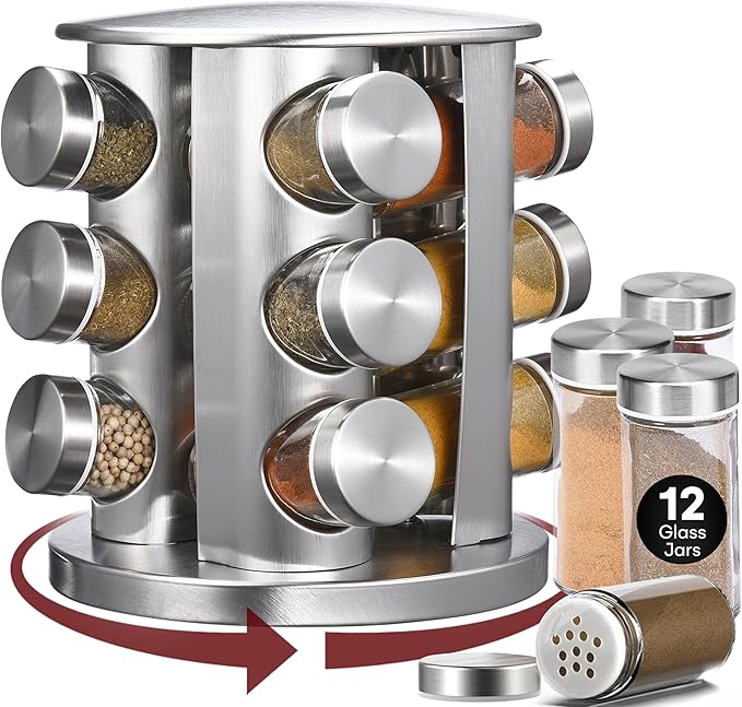 Vdomus Spice Organizer Rack Sets - Rotating Seasoning Jars, Spice - Seasoning Container Rack for Kitchen Countertop & Cabinet - Premium Stainless Steel - Essential Kitchen Organizers