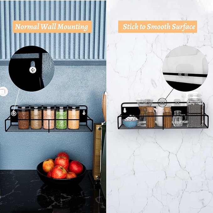 Magnetic Spice Rack for Refrigerator, 4 Pack Strong Magnetic Shelf Kitchen Organizer with 4 Hooks and Adhesive Stickers Black