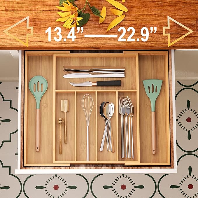 Expandable Kitchen Drawer Organizer,Bamboo Silverware Organizer for Utensils,Adjustable Flatware Tray(16.92 * 13.30~22.83 * 1.96)