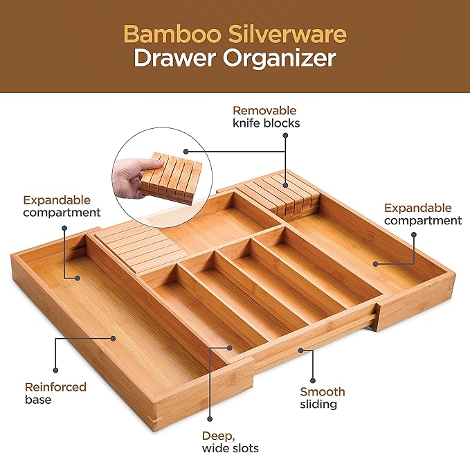 Bambüsi Drawer Organizer - Expandable Kitchen for Utensils, Cutlery, and Silverware (Utensils Utensil)