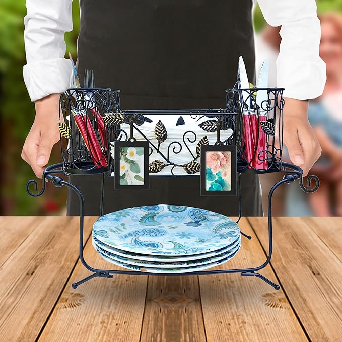 Utensil Caddy - Silverware Caddy or Napkin, Cutlery and Plate Holder - The Ideal 2-Piece Portable Outdoor Kitchen Accessories Buffet Organizer for Picnics, Camping, Barbecue, Parties and Events